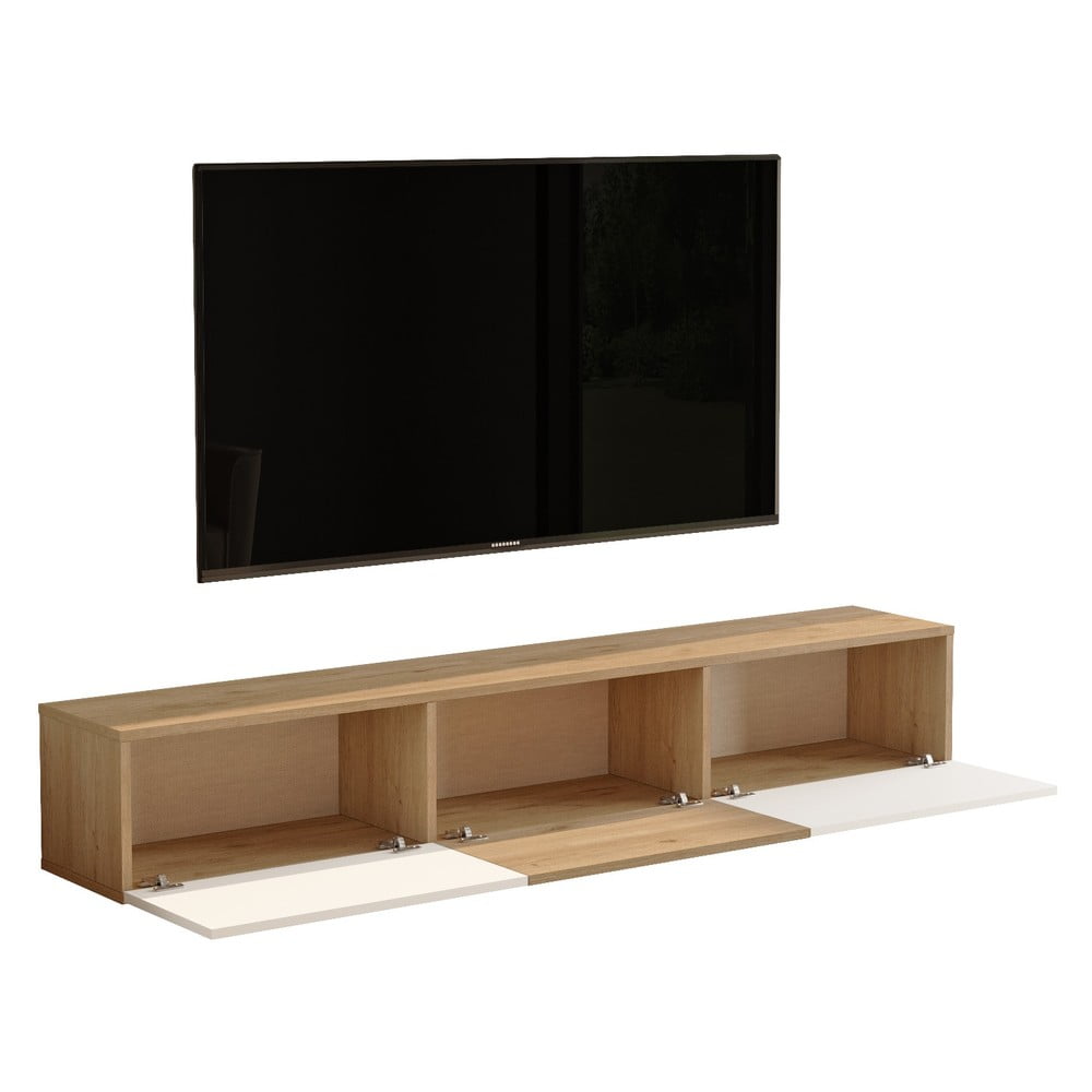 Fehér-natúr színű TV-állvány tölgyfa dekorral 180x29x32 cm – Kalune Design
