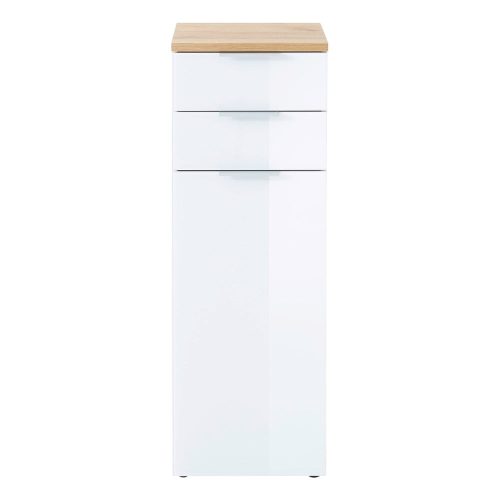 Fehér-natúr színű magas fürdőszoba szekrény tölgyfa dekorral 39x112 cm Pescara – Germania