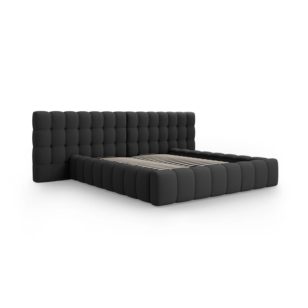 Fekete kárpitozott ágyneműtartós franciaágy ágyráccsal 200x200 cm Mamaia – Micadoni Home