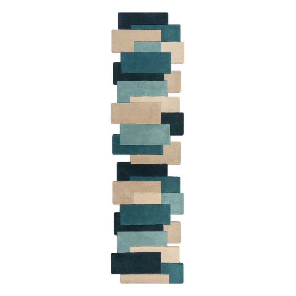Kék-bézs gyapjú futószőnyeg 60x230 cm Abstract Collage – Flair Rugs