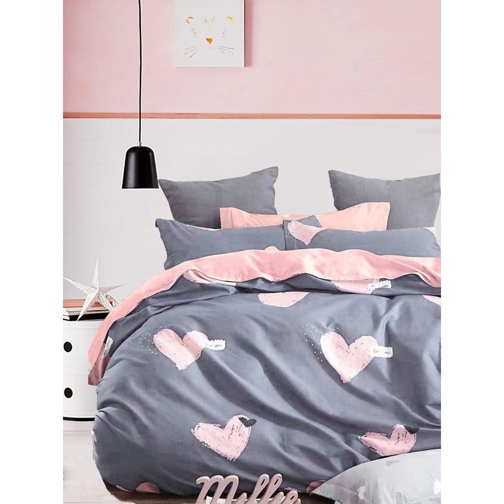 Rózsaszín-szürke kétszemélyes hosszabbított négyrészes renforcé pamut ágyneműhuzat lepedővel 200x220 cm Beloved – Mila Home