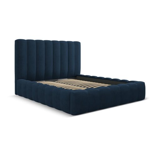 Sötétkék kárpitozott ágyneműtartós franciaágy ágyráccsal 160x200 cm Kelp – Micadoni Home