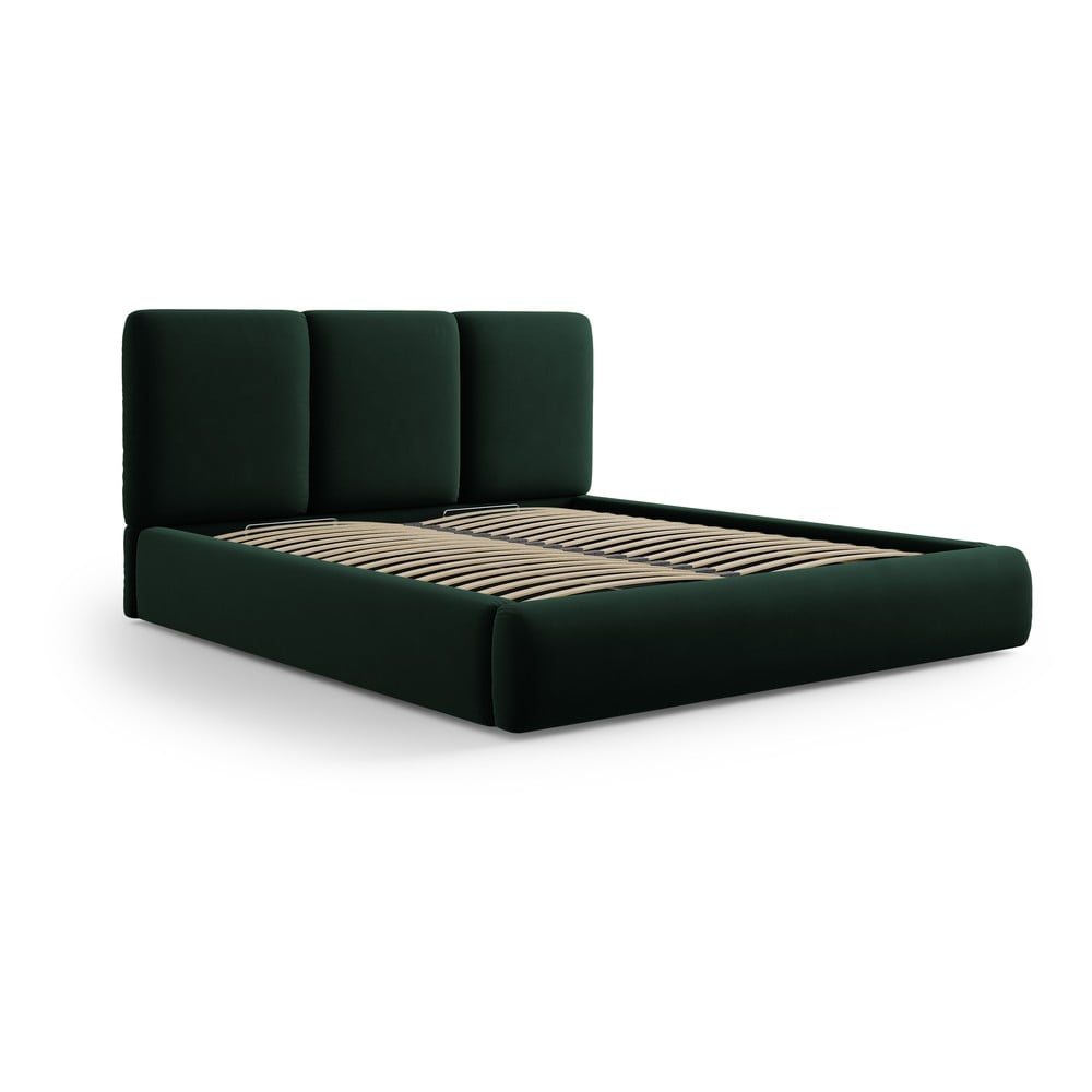 Sötétzöld bársony kárpitozott ágyneműtartós franciaágy ágyráccsal 140x200 cm Brody – Mazzini Beds