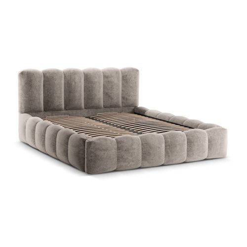 Világosbarna kárpitozott ágyneműtartós franciaágy ágyráccsal 200x200 cm Lupine – Micadoni Home