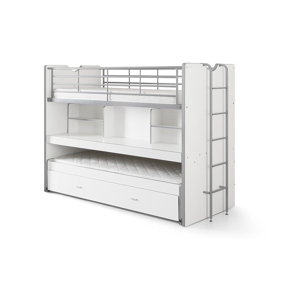 Fehér emeletes-kihúzható pótággyal ágyneműtartós gyerekágy ágyráccsal 90x200 cm Bonny – Vipack