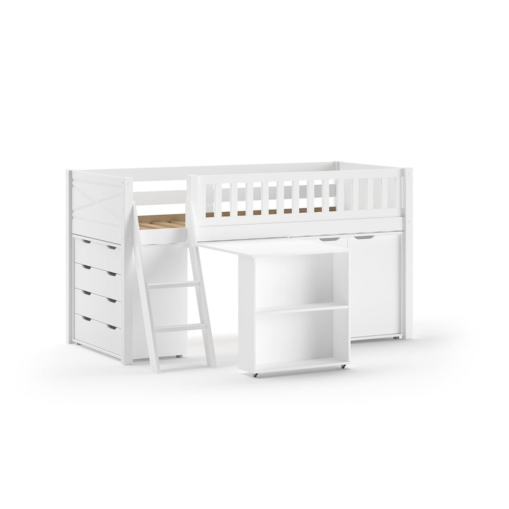 Fehér galéria borovi fenyő ágyneműtartós gyerekágy ágyráccsal 90x200 cm Scott – Vipack