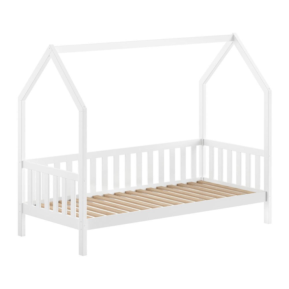 Fehér házikó alakú borovi fenyő gyerekágy ágyráccsal 90x200 cm Cabane – Vipack