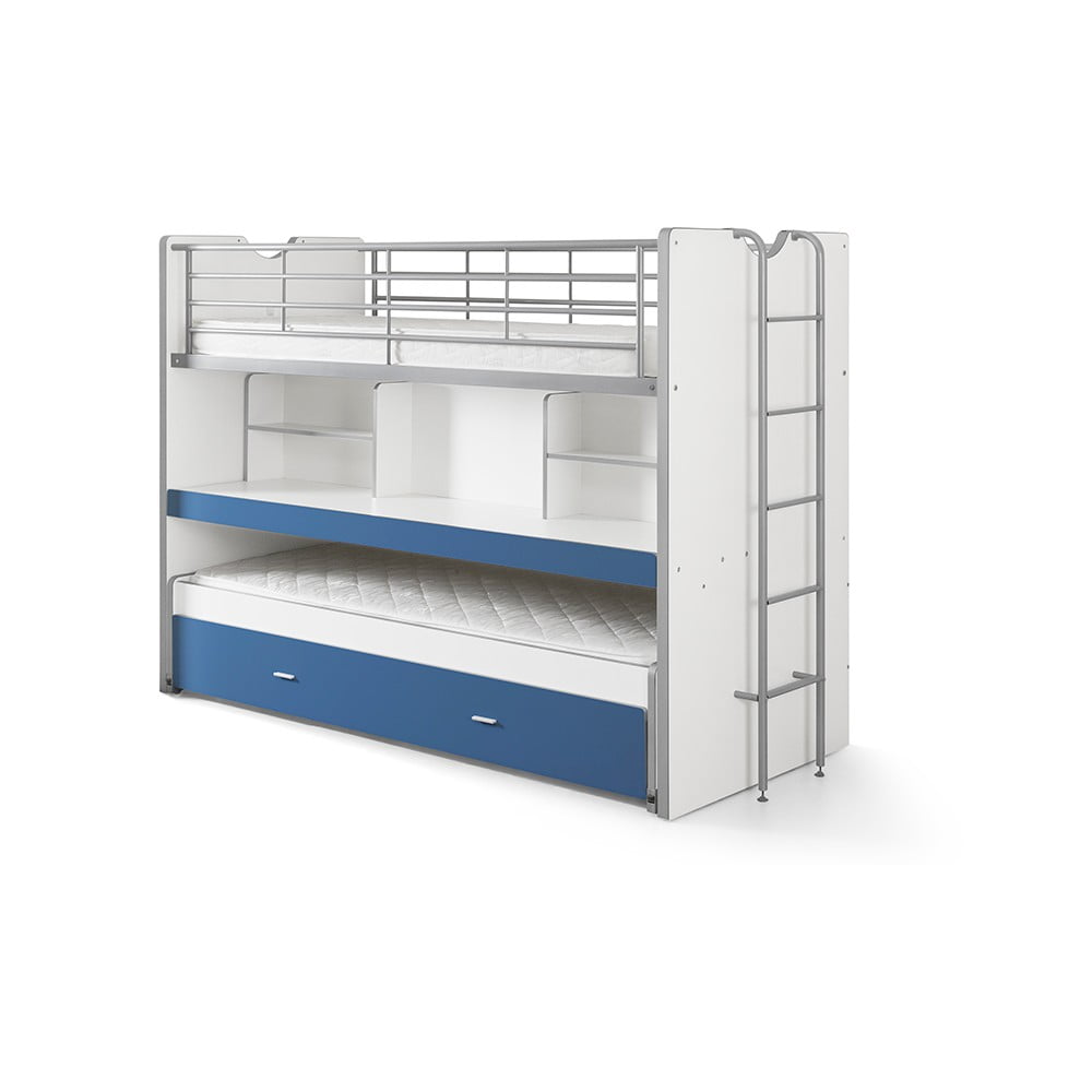 Fehér-kék emeletes-kihúzható pótággyal ágyneműtartós gyerekágy ágyráccsal 90x200 cm Bonny – Vipack