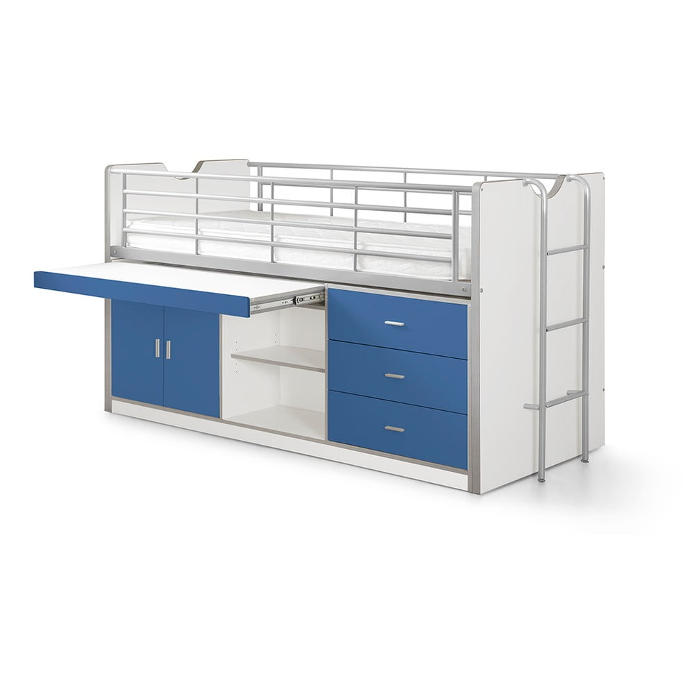 Fehér-kék galéria ágyneműtartós gyerekágy ágyráccsal 90x200 cm Bonny – Vipack