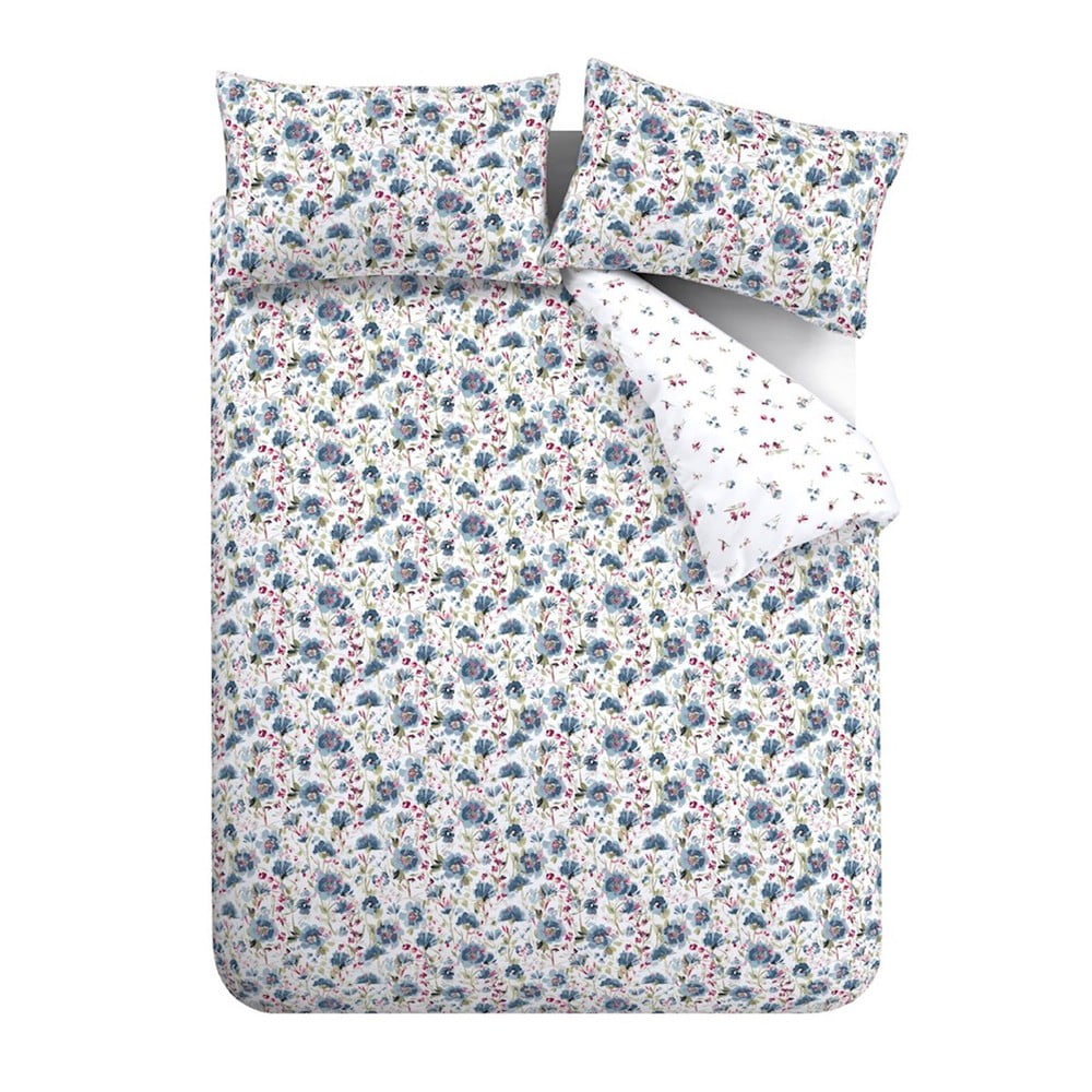 Fehér-kék kétszemélyes hosszabbított flanel ágyneműhuzat 230x220 cm Ophelia Floral – Bianca