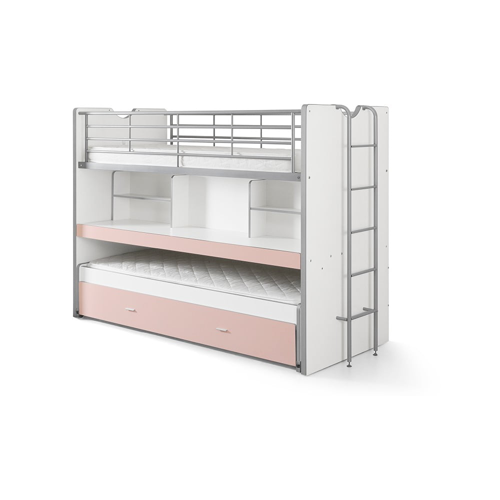 Fehér-rózsaszín emeletes-kihúzható pótággyal ágyneműtartós gyerekágy ágyráccsal 90x200 cm Bonny – Vipack
