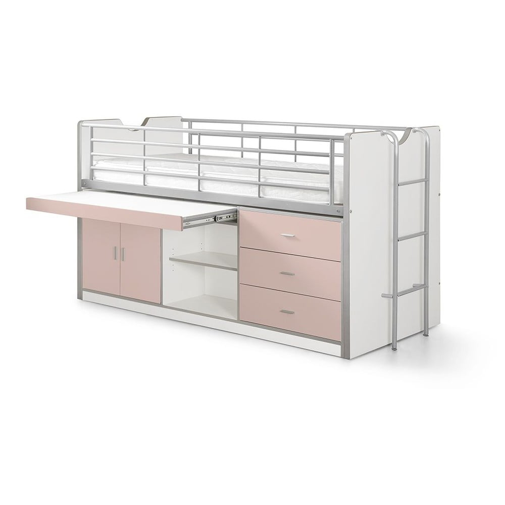Fehér-rózsaszín galéria ágyneműtartós gyerekágy ágyráccsal 90x200 cm Bonny – Vipack