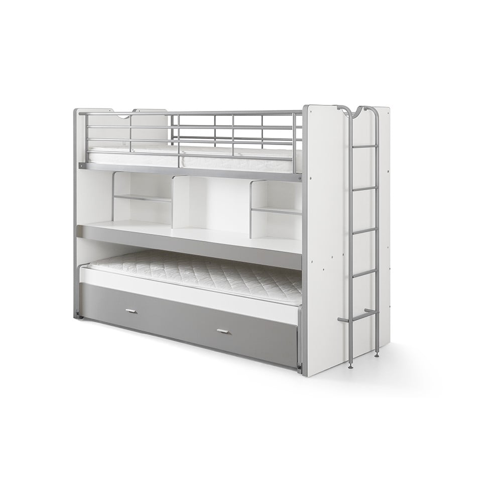 Fehér-szürke emeletes-kihúzható pótággyal ágyneműtartós gyerekágy ágyráccsal 90x200 cm Bonny – Vipack