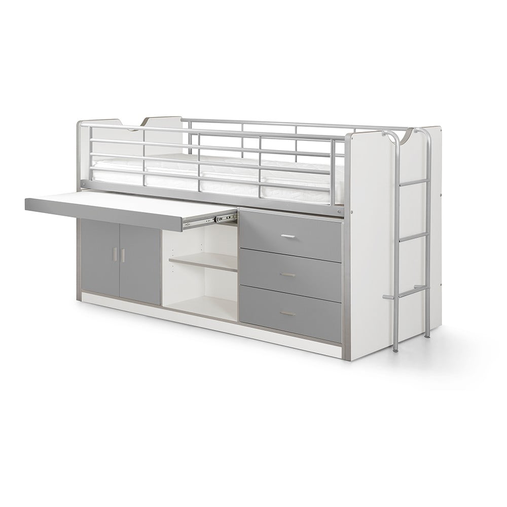 Fehér-szürke galéria ágyneműtartós gyerekágy ágyráccsal 90x200 cm Bonny – Vipack