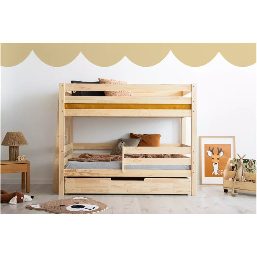 Natúr színű emeletes-kihúzható pótággyal ágyneműtartós gyerekágy ágyráccsal 90x190 cm CLPB – Adeko