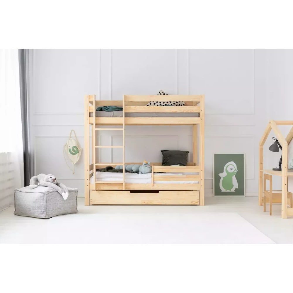 Natúr színű emeletes-kihúzható pótággyal ágyneműtartós gyerekágy ágyráccsal 90x190 cm CLPBN – Adeko