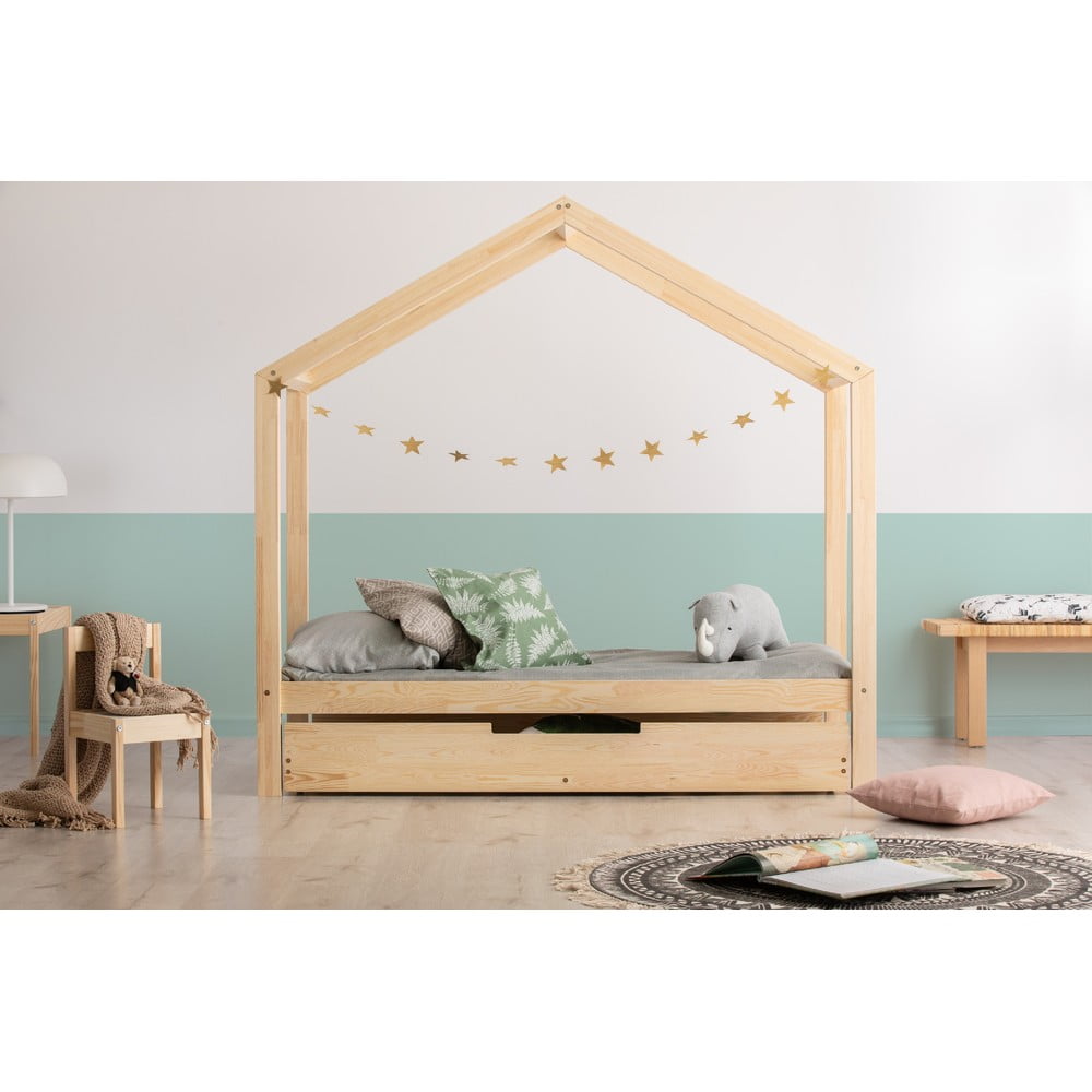 Natúr színű házikó alakú-kihúzható pótággyal ágyneműtartós gyerekágy ágyráccsal 90x190 cm RM – Adeko