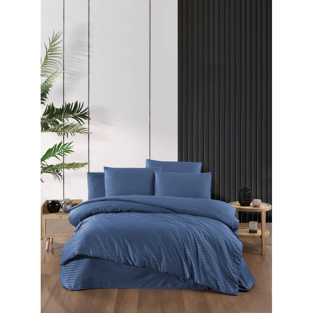Kék kétszemélyes-hosszabbított damaszt ágyneműhuzat lepedővel-négyrészes 200x220 cm – Mila Home
