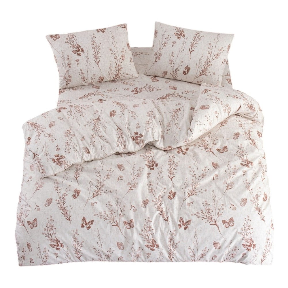 Bézs kétszemélyes-hosszabbított ágyneműhuzat lepedővel-négyrészes 200x220 cm Floral Butterfly – Mila Home