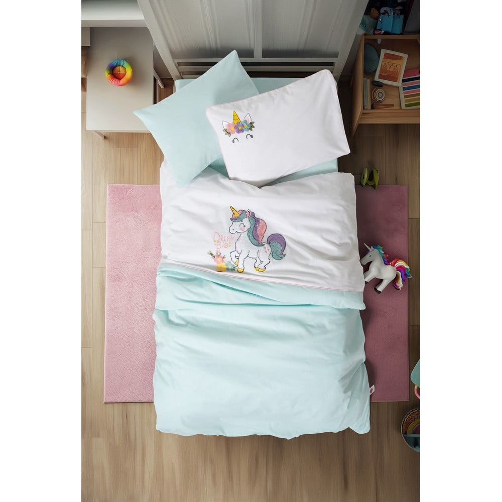 Fehér-mentazöld négyrészes pamut gyerek ágyneműhuzat babaágyhoz lepedővel 100x150 cm Dolly – Mijolnir