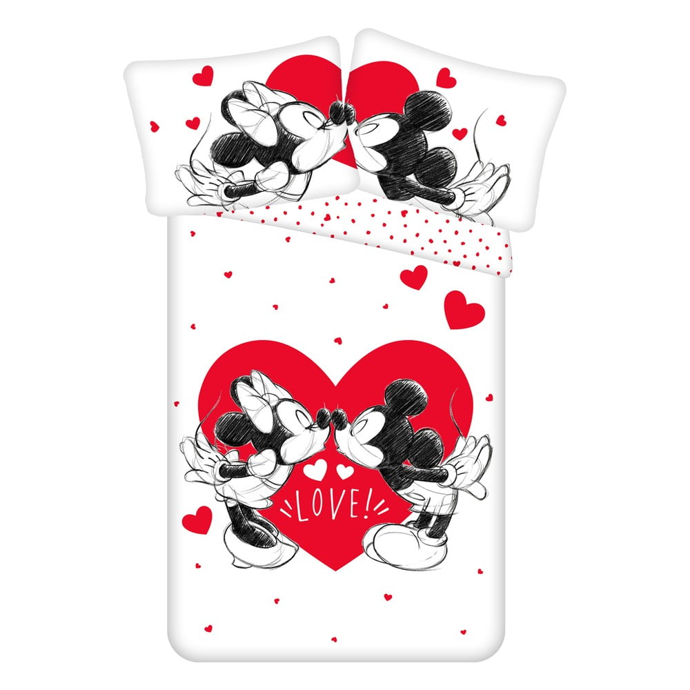 Piros-fehér egyszemélyes pamut gyerek ágyneműhuzat 140x200 cm Mickey and Minnie "Love" – Jerry Fabrics