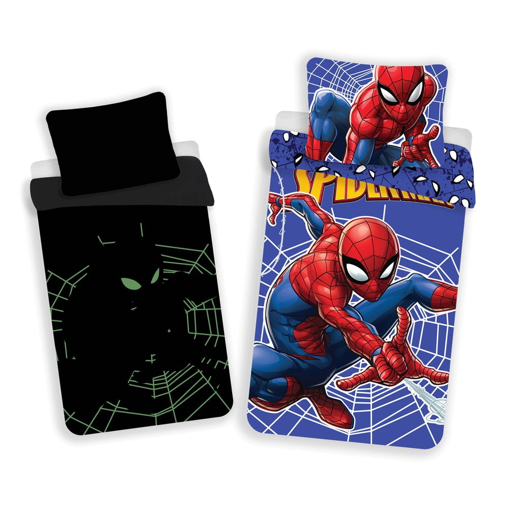 Piros-kék egyszemélyes pamut gyerek ágyneműhuzat világító hatással 140x200 cm Spider-man – Jerry Fabrics