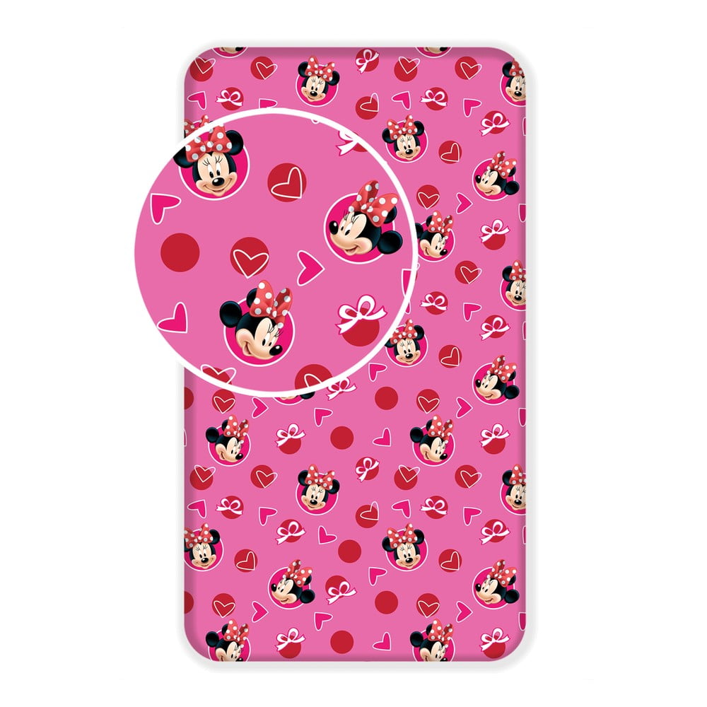 Rózsaszín gumis pamut gyerek lepedő 90x200 cm Minnie "Hearts" – Jerry Fabrics