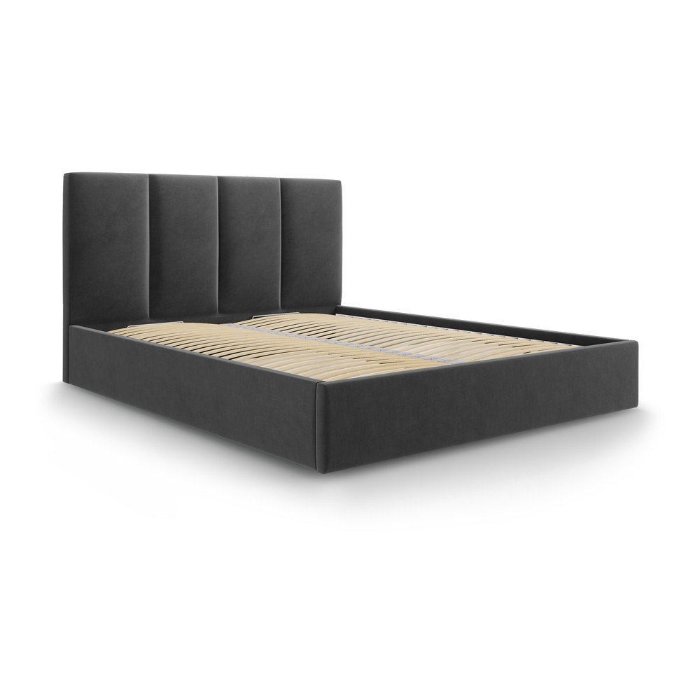 Sötétszürke kárpitozott franciaágy tárolóhellyel ágyráccsal 140x200 cm Juniper – Mazzini Beds