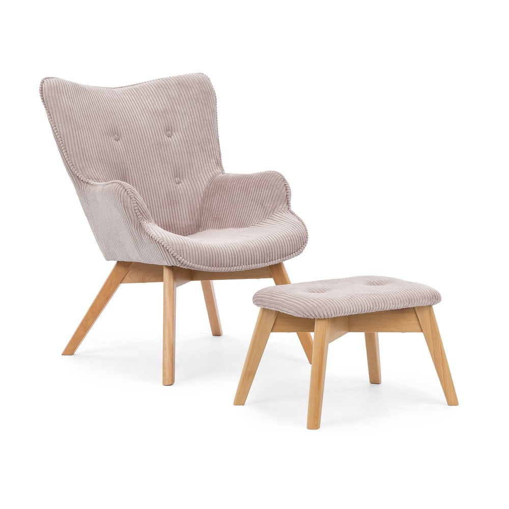 Világos rózsaszín kordbársony fotel lábtartóval Niko – Ropez