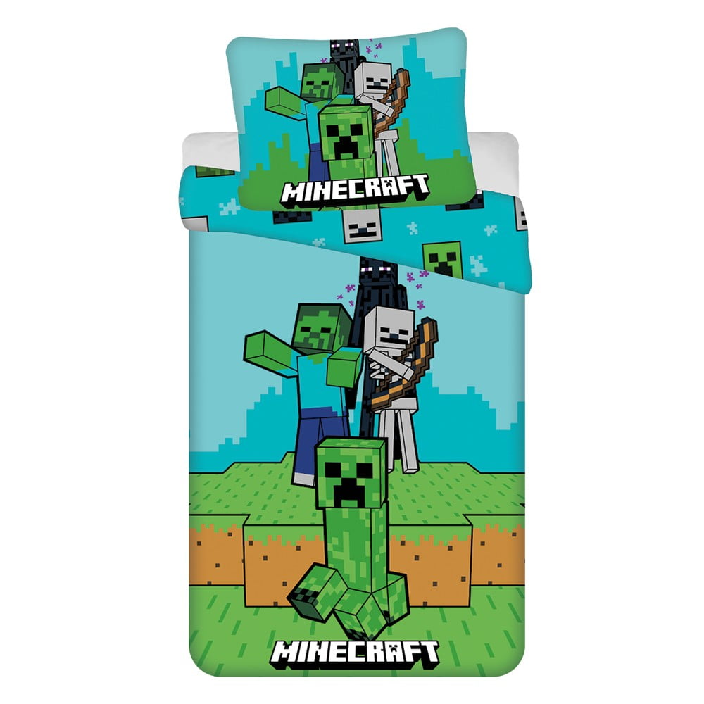 Zöld-kék egyszemélyes pamut gyerek ágyneműhuzat 140x200 cm Minecraft "Mobs Here" – Jerry Fabrics