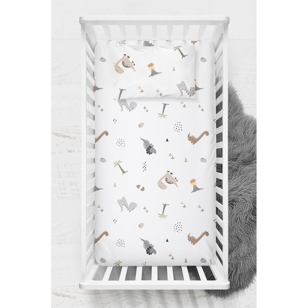 Fehér renforcé pamut gyerek lepedő babaágyhoz 100x150 cm Dinozor – Mijolnir