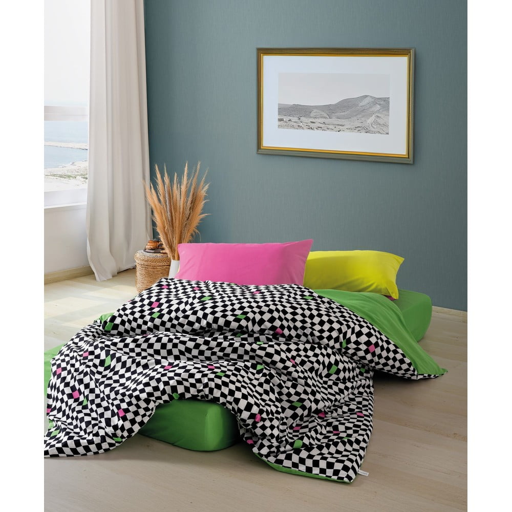 Fekete-fehér négyrészes kétszemélyes hosszabbított renforcé pamut ágyneműhuzat lepedővel 200x220 cm Dazzle – Mijolnir
