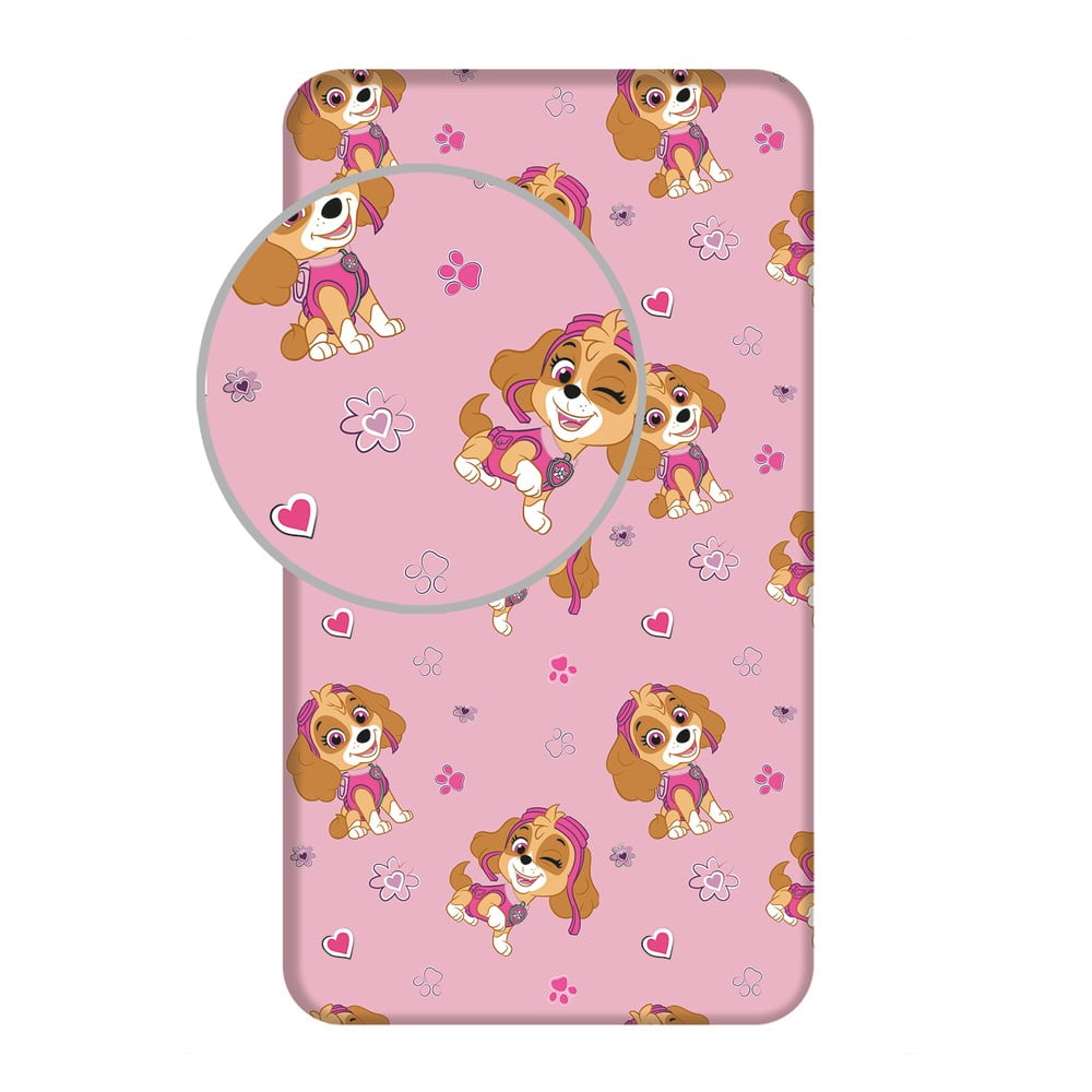 Rózsaszín gumis egyszemélyes pamut gyerek lepedő 90x200 cm Paw Patrol – Jerry Fabrics