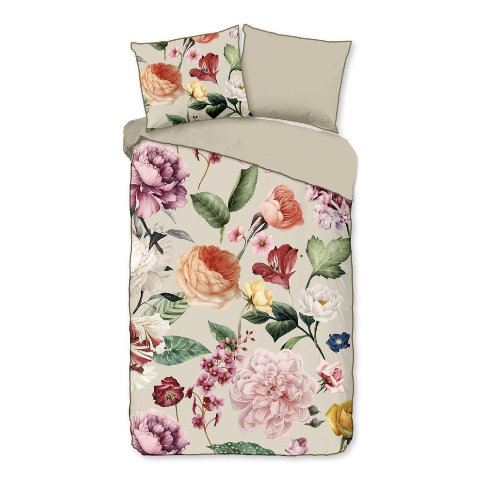Bézs egyszemélyes-hosszabbított pamut-szatén ágyneműhuzat 140x220 cm Fiori – Descanso