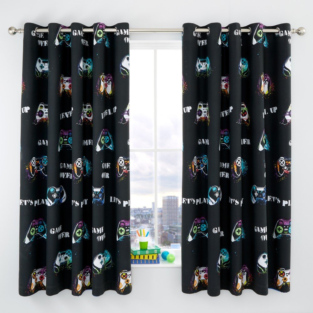 Fekete-kék gyerek függöny 2 db-os 168x183 cm Game Over – Catherine Lansfield