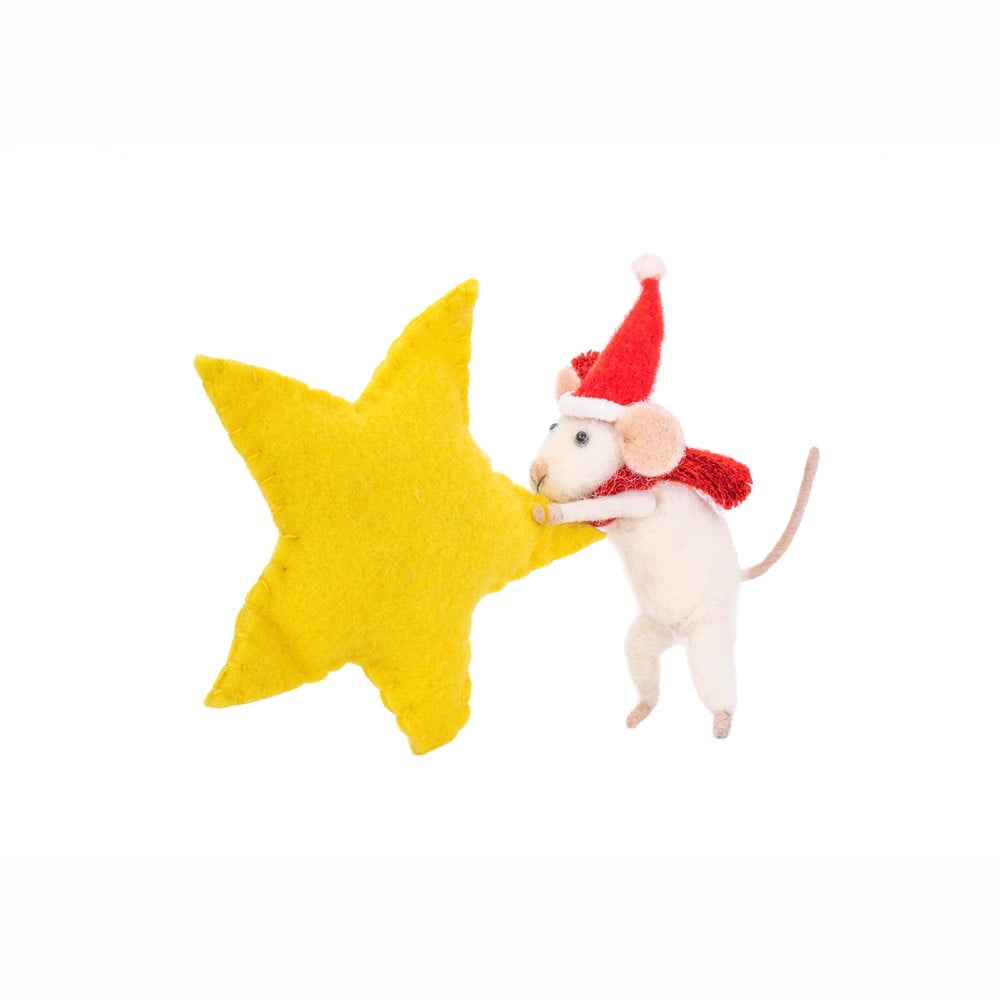 Gyapjú kézzel készített karácsonyfadísz 19 cm Mouse with Star – Sass & Belle