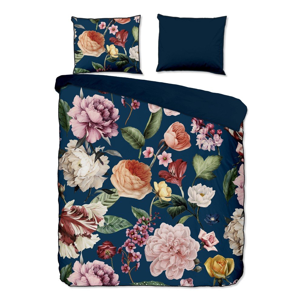 Sötétkék kétszemélyes-hosszabbított pamut-szatén ágyneműhuzat 200x220 cm Fiori – Descanso