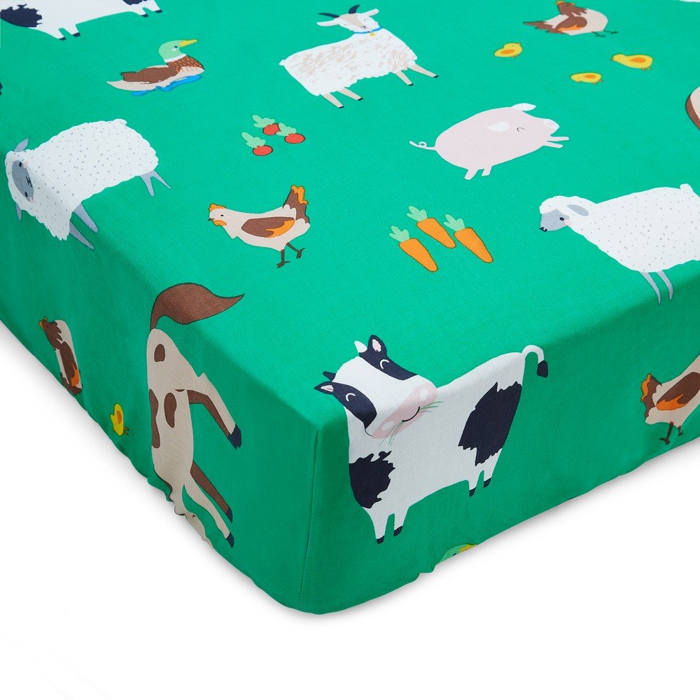 Zöld gumis kétszemélyes gyerek lepedő 135x190 cm Farmyard Animals – Catherine Lansfield