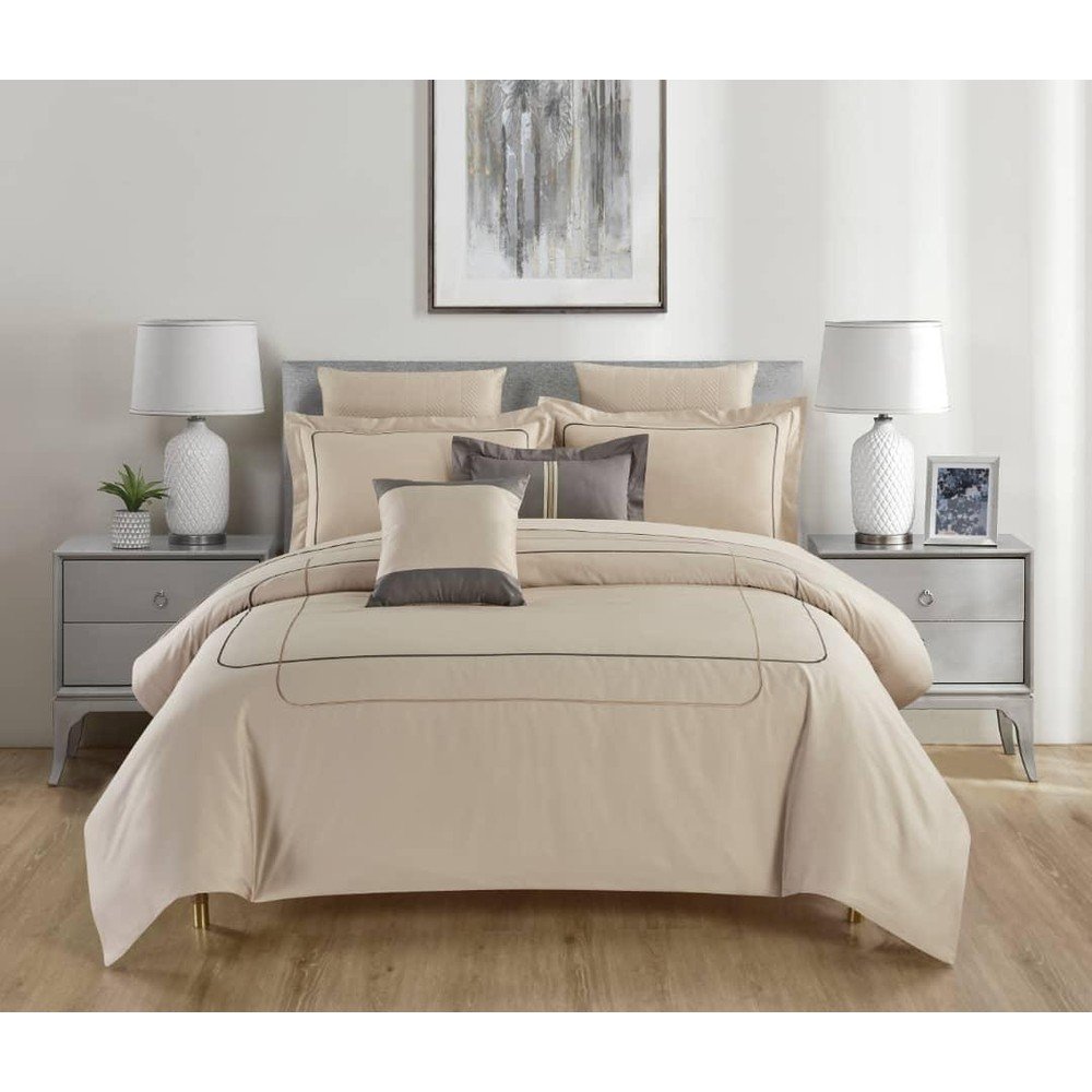 Bézs egyszemélyes renforcé pamut ágyneműhuzat lepedővel-hatrészes 140x200 cm Calm of Lines – Mila Home Luxury