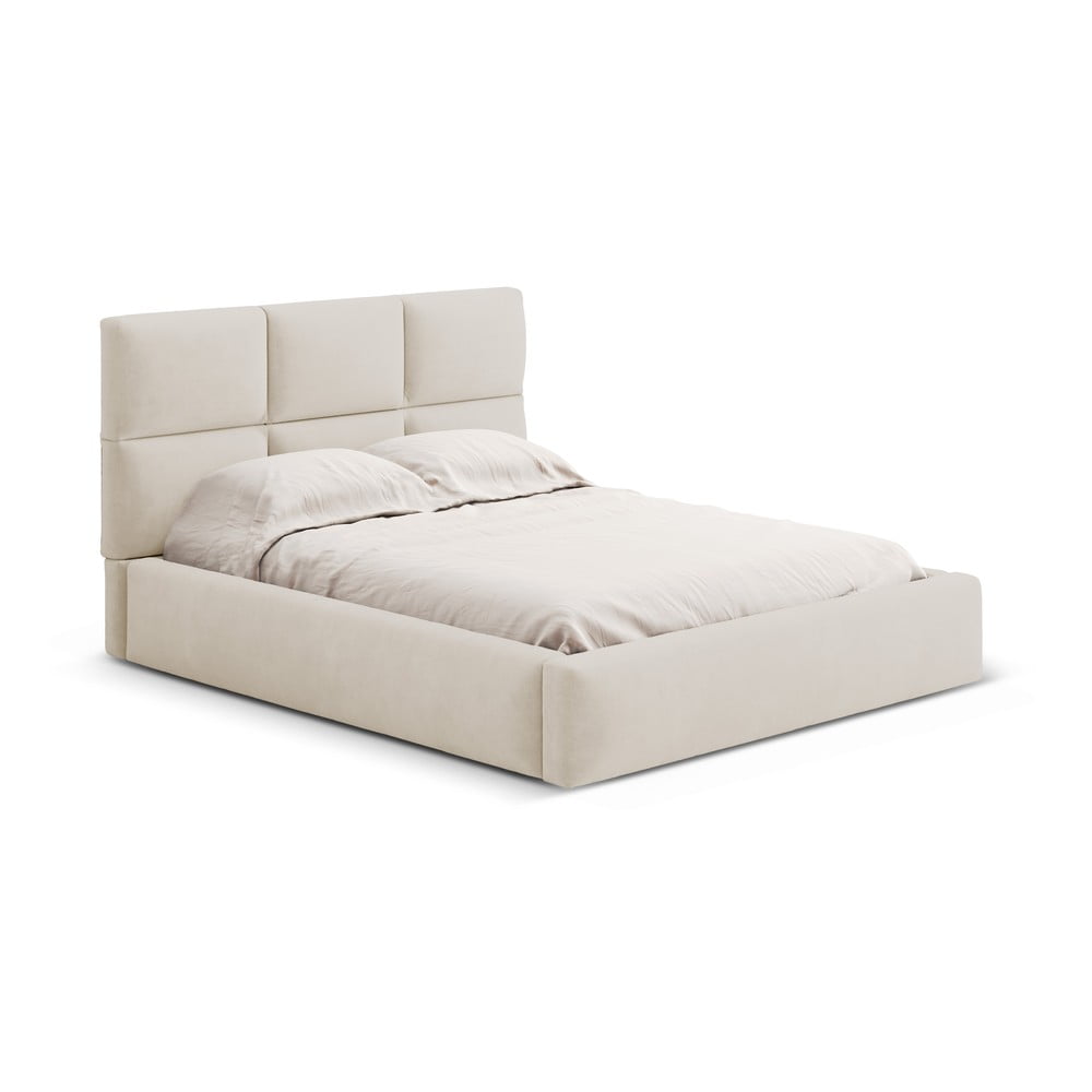 Bézs kárpitozott ágyneműtartós franciaágy ágyráccsal 160x200 cm Libera – Windsor & Co Sofas