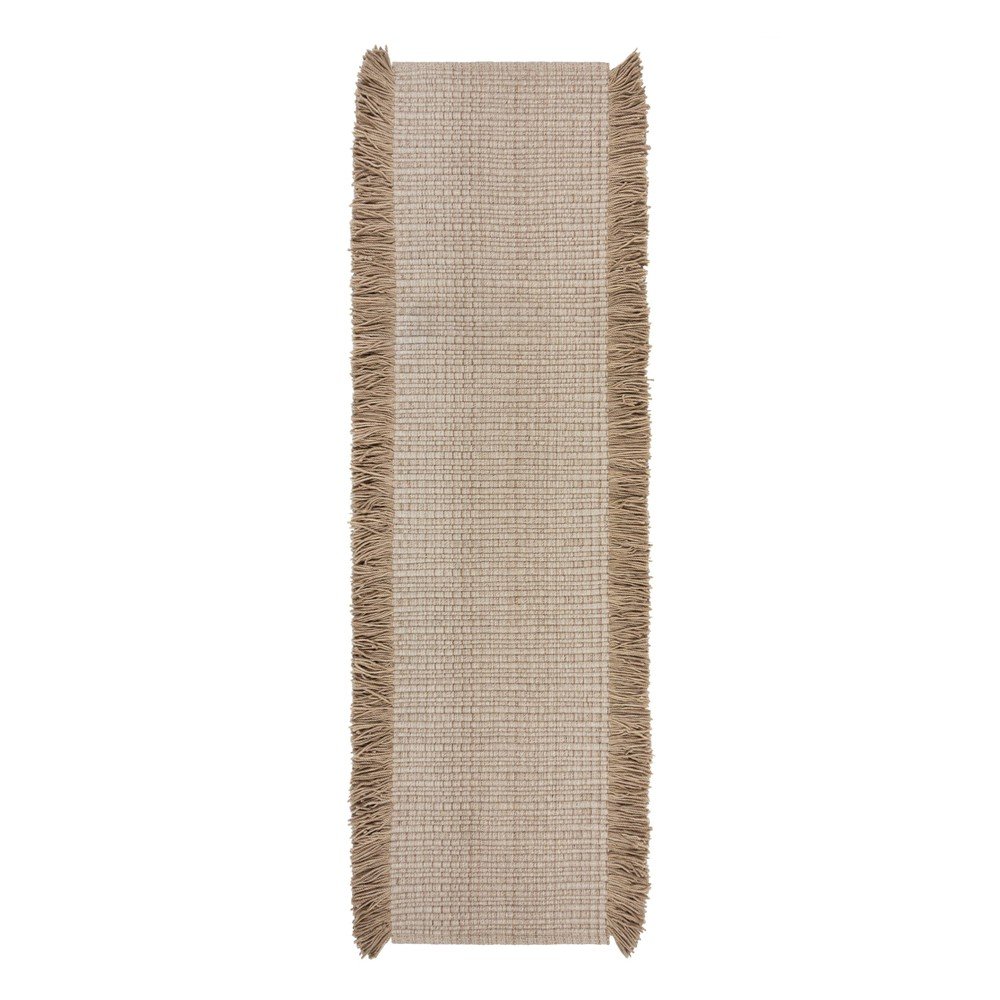 Bézs kézi szövésű gyapjúkeverék futószőnyeg 60x230 cm Rene Fringed Ribbed – Flair Rugs