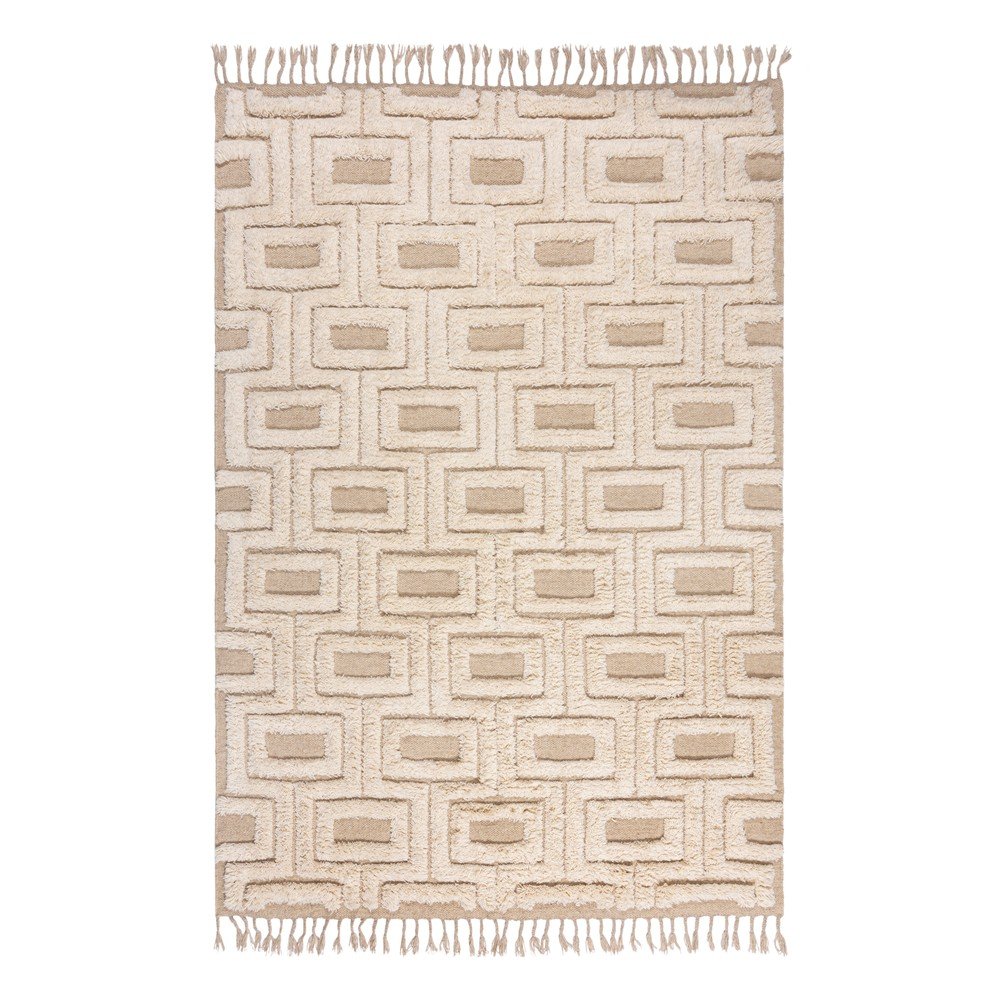 Bézs-krémszínű kézi szövésű gyapjú szőnyeg 120x170 cm Greek Key – Flair Rugs