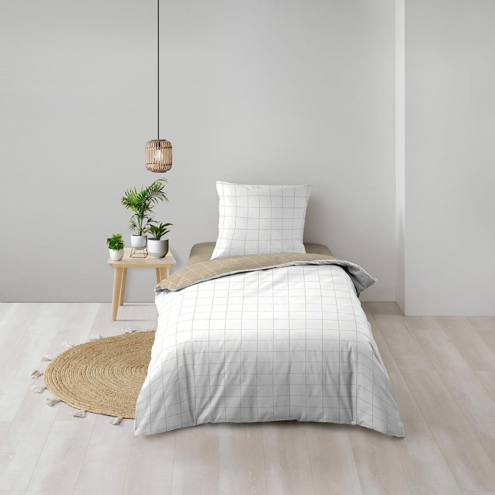 Fehér-bézs egyszemélyes pamut ágyneműhuzat 140x200 cm Cadria – douceur d'intérieur