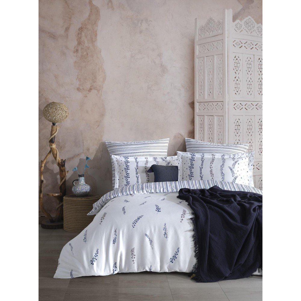 Fehér-kék kétszemélyes-hosszabbított pamut-szatén ágyneműhuzat 240x220 cm Marseille Floral – Mila Home Luxury