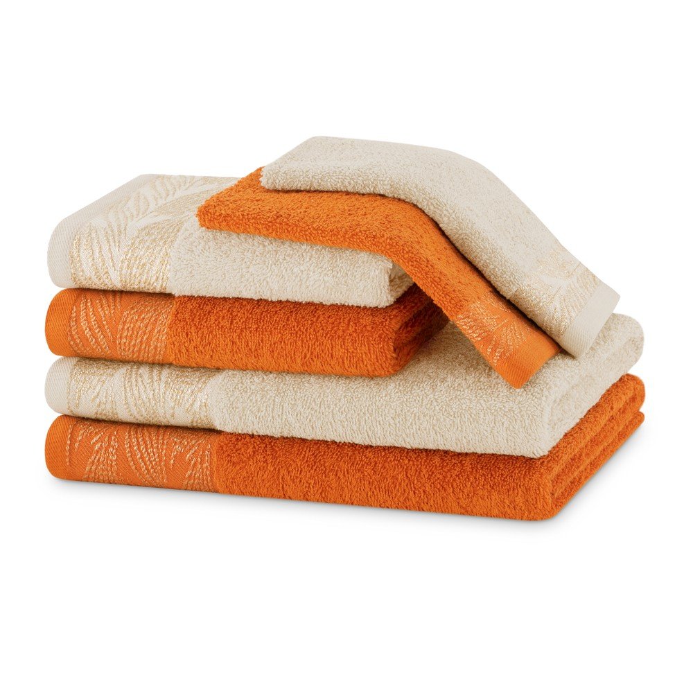 Narancssárga-bézs frottír pamut törölköző és fürdőlepedő készlet 6 db-os Allium – Restilo