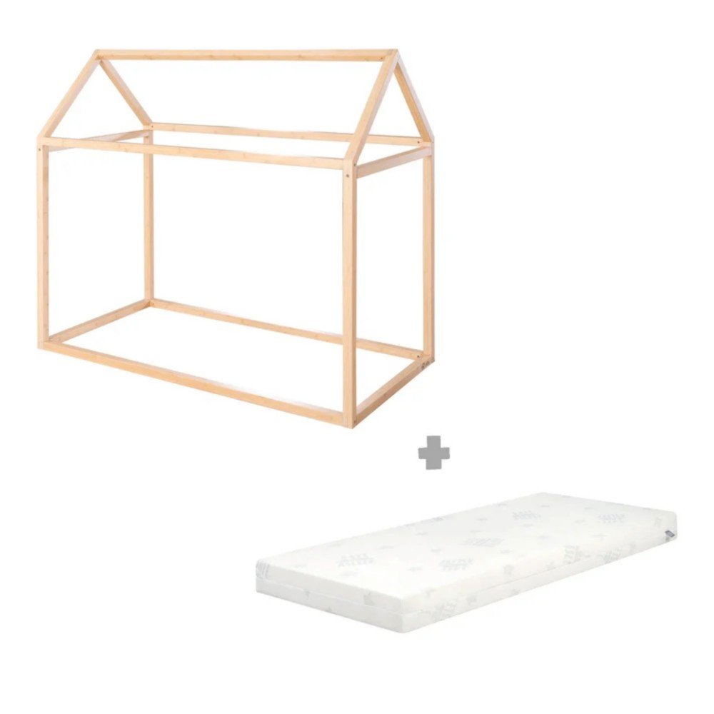 Natúr színű bambusz házikó alakú gyerekágy matraccal-ágyrács nélkül 70x140 cm House Bed – Roba