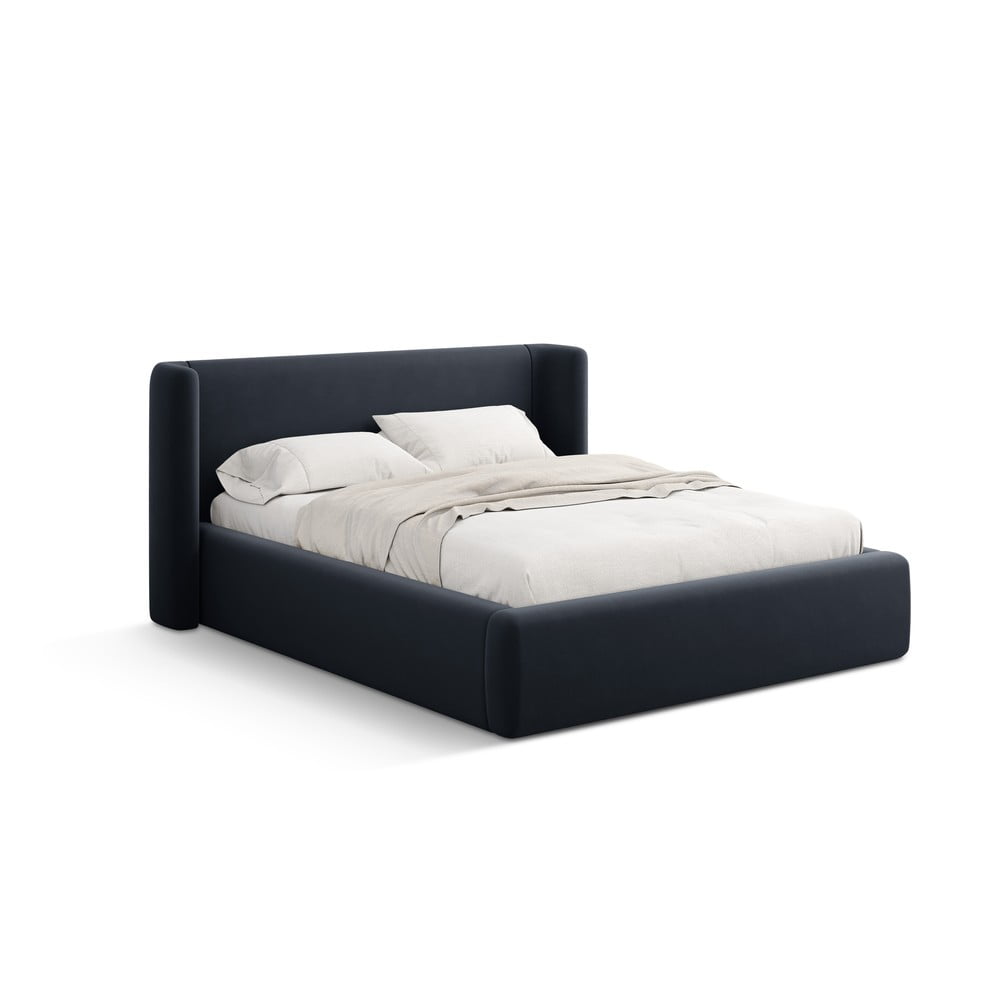 Sötétkék kárpitozott ágyneműtartós franciaágy ágyráccsal 140x200 cm Jason – Windsor & Co Sofas
