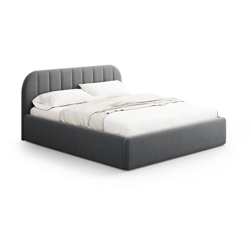 Szürke kárpitozott ágyneműtartós franciaágy ágyráccsal 180x200 cm Juno – Windsor & Co Sofas
