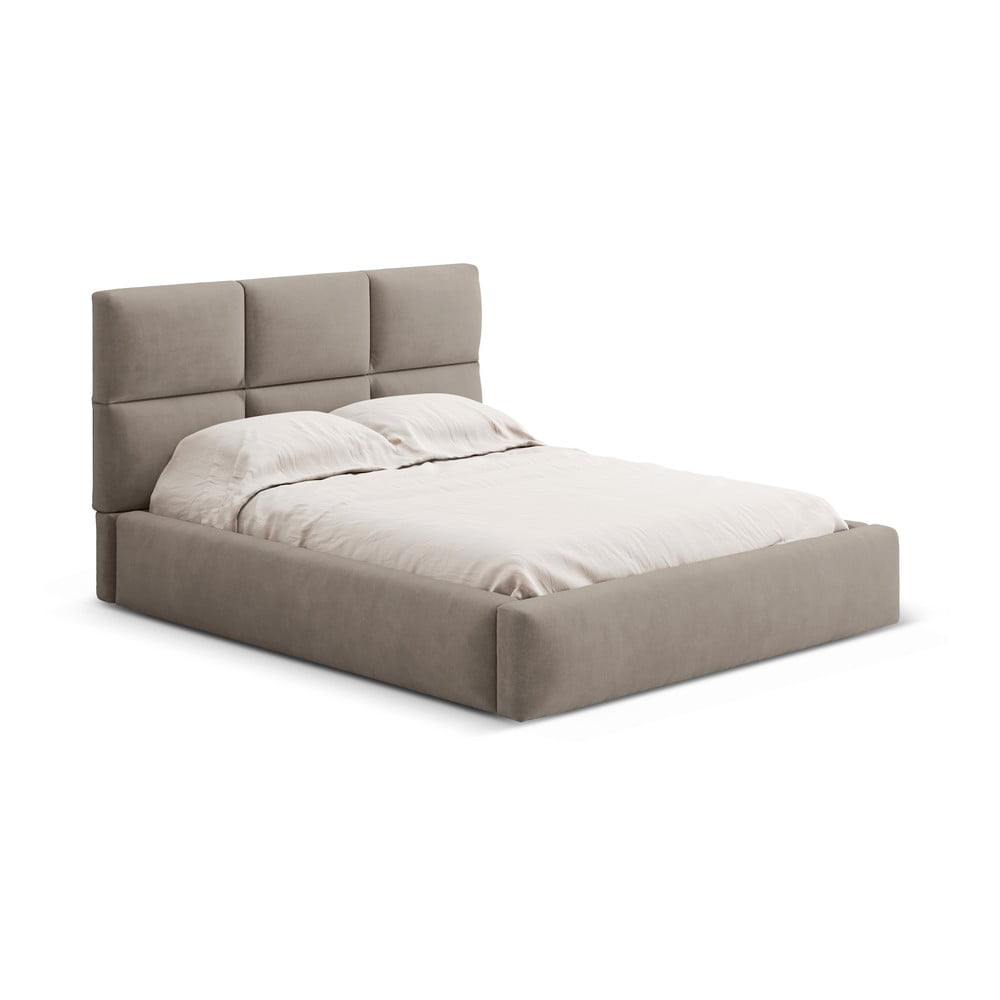 Világosbarna kárpitozott ágyneműtartós franciaágy ágyráccsal 160x200 cm Libera – Windsor & Co Sofas