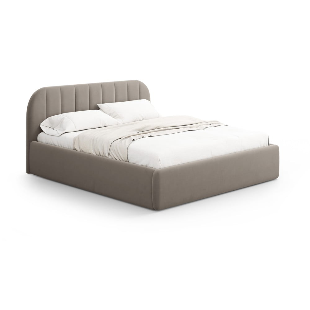 Világosbarna kárpitozott ágyneműtartós franciaágy ágyráccsal 200x200 cm Juno – Windsor & Co Sofas